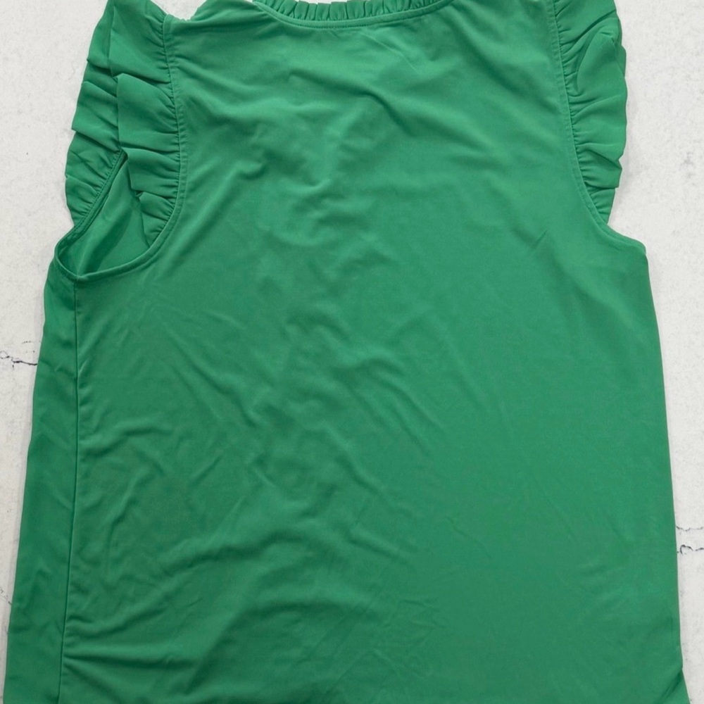 Ann Taylor Women’s Large Bright Green Sleeveless Button Up Blouse Ruffle Trim - Picture 4 of 5